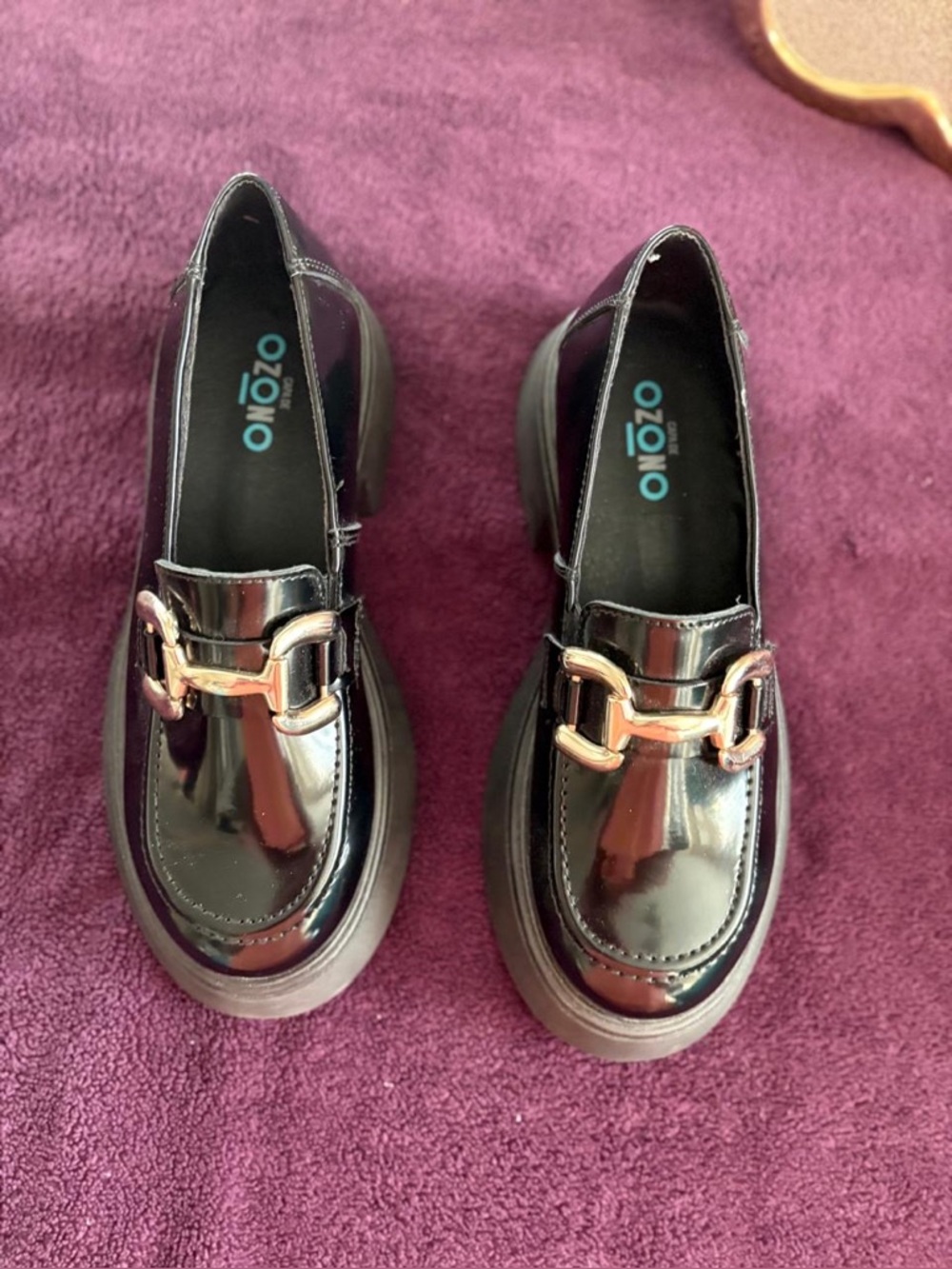 Woman Black Patent Loafers with Gold Buckle
